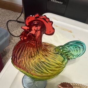 Glass Rooster 11 in Figurine & chicken 7 in hen beaded nest amber plus storage
